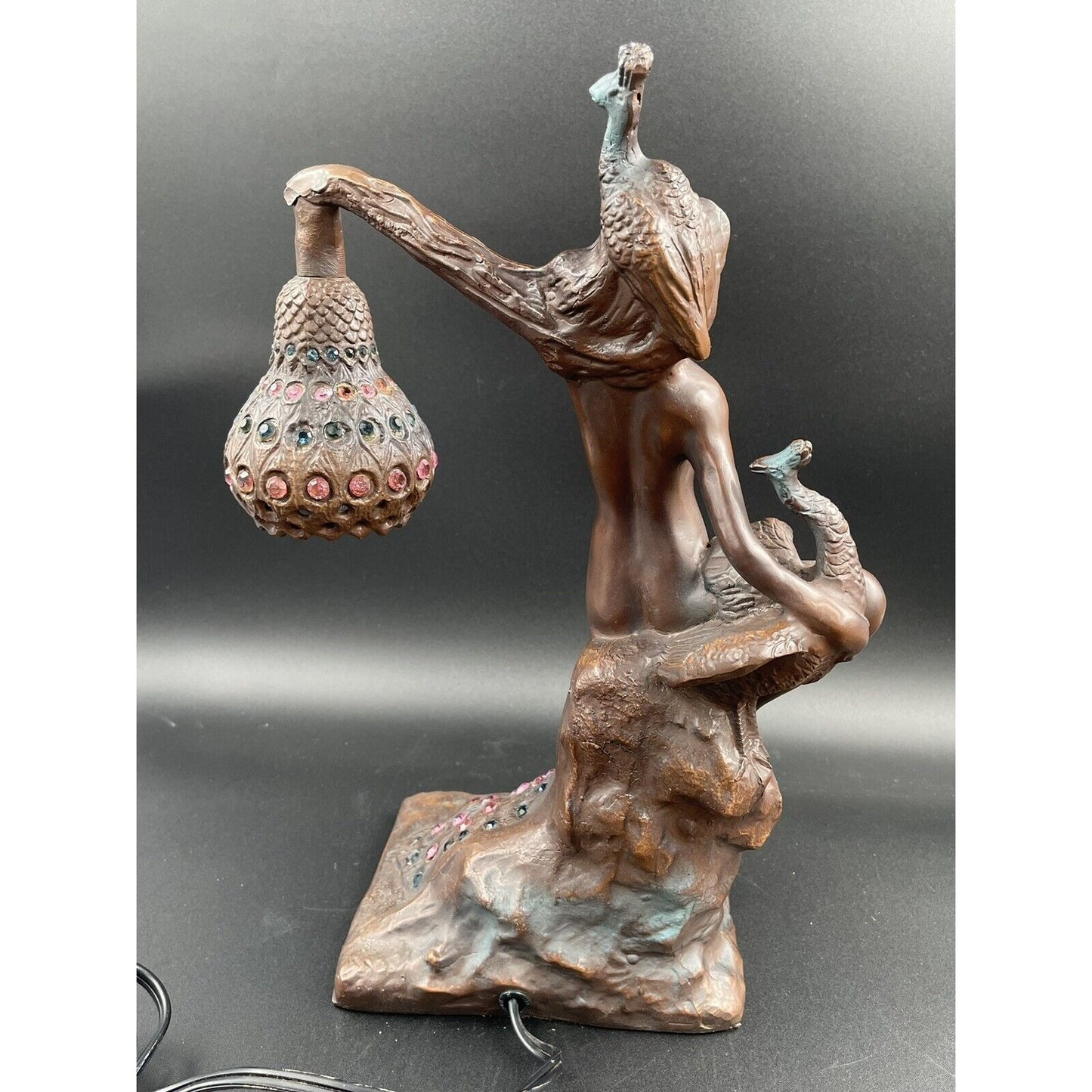 Vintage Philippe Wolfers Art Nouveau Bronze Jeweled Female & Peacock Table Lamp - Vintosh Vintage