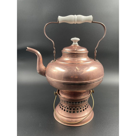 Antique Dutch Copperwater Kettle w Porcelain Handle on Warmer (C-BM) - Vintosh Vintage