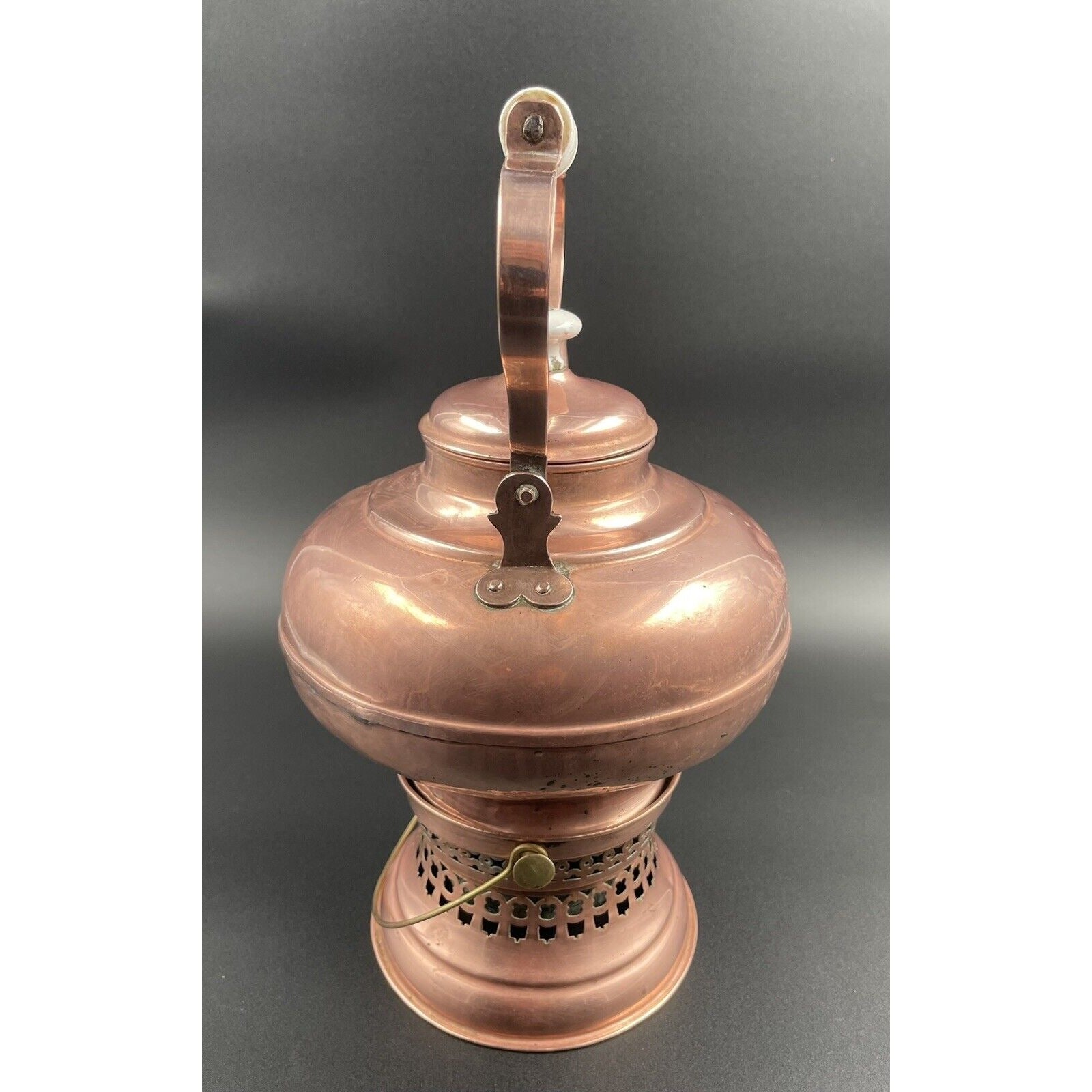 Antique Dutch Copperwater Kettle w Porcelain Handle on Warmer (C-BM) - Vintosh Vintage