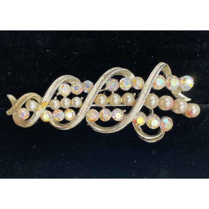 1950s Coro Pegasus Signed Faux Pearl & AB Rhinestone Brooch Pin (A1)