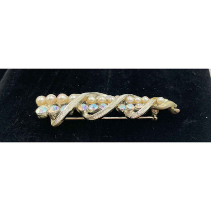 1950s Coro Pegasus Signed Faux Pearl & AB Rhinestone Brooch Pin (A1)