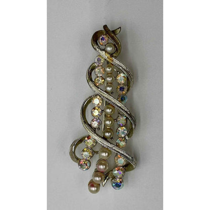 1950s Coro Pegasus Signed Faux Pearl & AB Rhinestone Brooch Pin (A1)