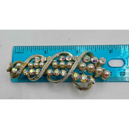 1950s Coro Pegasus Signed Faux Pearl & AB Rhinestone Brooch Pin (A1)