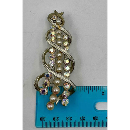 1950s Coro Pegasus Signed Faux Pearl & AB Rhinestone Brooch Pin (A1)