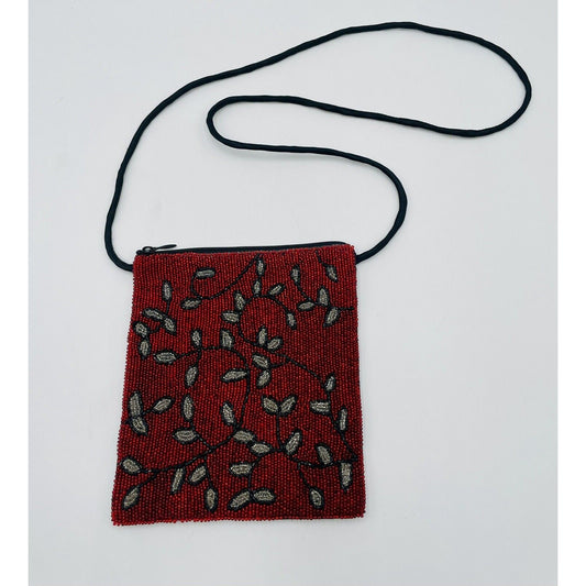 Vintage Red, Silver & Black Glass Beaded Silk Evening Purse (A5) - Vintosh Vintage