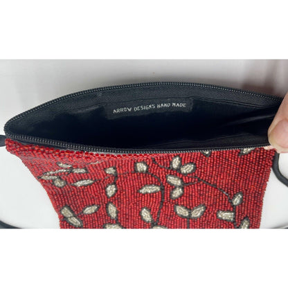 Vintage Red, Silver & Black Glass Beaded Silk Evening Purse (A5) - Vintosh Vintage