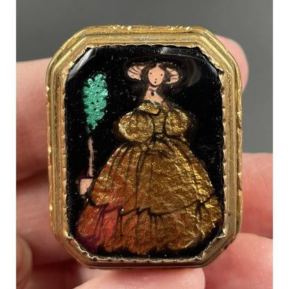 Vintage Victorian Lady Foil Artistry on Cloisonné Gold Tone Metal Pillbox (B7) - Vintosh Vintage