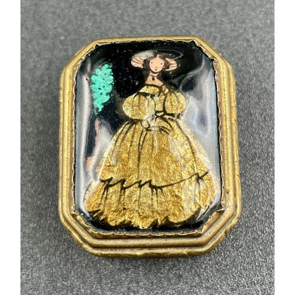 Vintage Victorian Lady Foil Artistry on Cloisonné Gold Tone Metal Pillbox (B7) - Vintosh Vintage