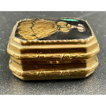 Vintage Victorian Lady Foil Artistry on Cloisonné Gold Tone Metal Pillbox (B7) - Vintosh Vintage