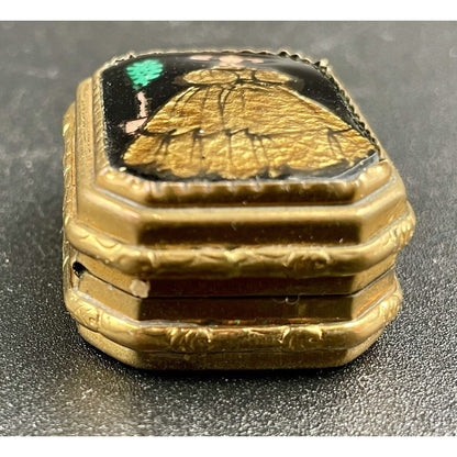 Vintage Victorian Lady Foil Artistry on Cloisonné Gold Tone Metal Pillbox (B7) - Vintosh Vintage