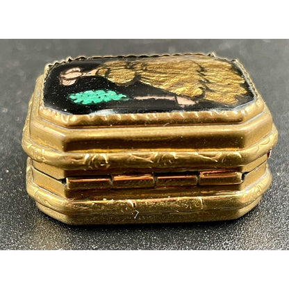Vintage Victorian Lady Foil Artistry on Cloisonné Gold Tone Metal Pillbox (B7) - Vintosh Vintage