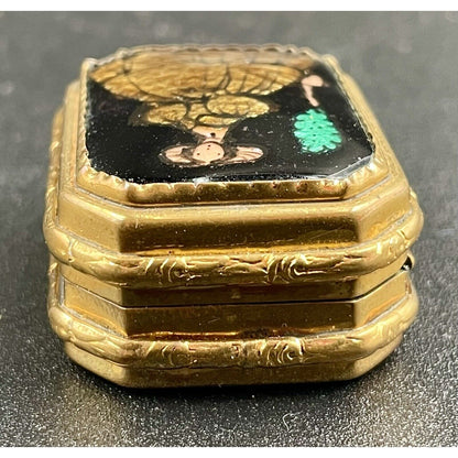 Vintage Victorian Lady Foil Artistry on Cloisonné Gold Tone Metal Pillbox (B7) - Vintosh Vintage