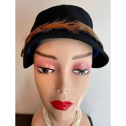 Vintage Wool Felt Black Hat w/ Brown Feathers