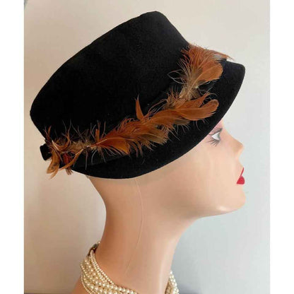 Vintage Wool Felt Black Hat w/ Brown Feathers
