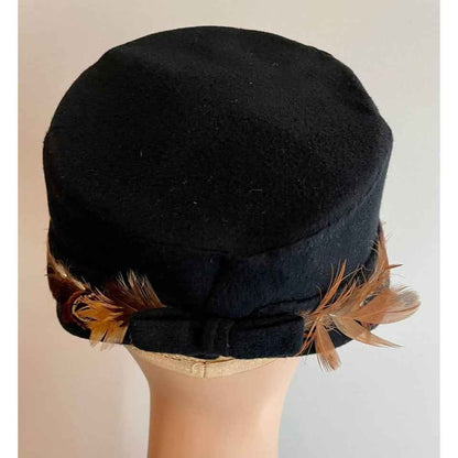 Vintage Wool Felt Black Hat w/ Brown Feathers