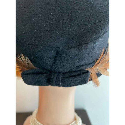 Vintage Wool Felt Black Hat w/ Brown Feathers