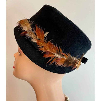 Vintage Wool Felt Black Hat w/ Brown Feathers