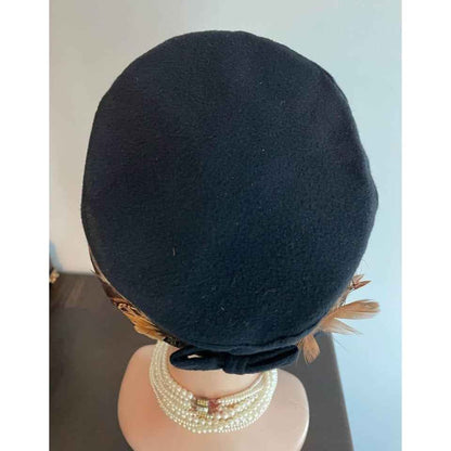 Vintage Wool Felt Black Hat w/ Brown Feathers