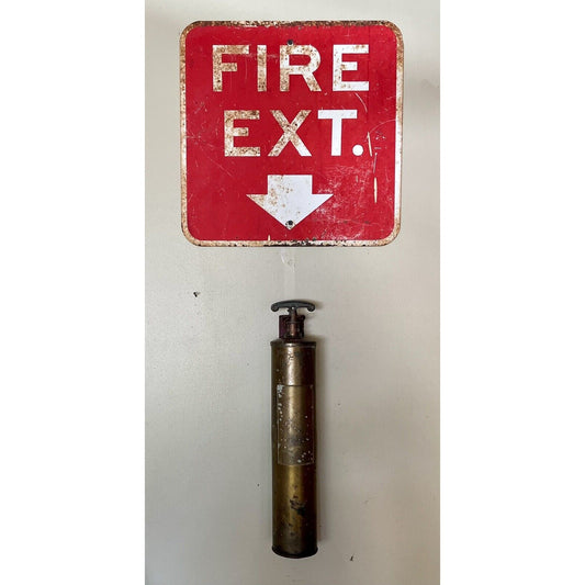 Vintage Extinguisher Sign & Brass Fire Extinguisher w/ Hanging Bracket - Vintosh Vintage