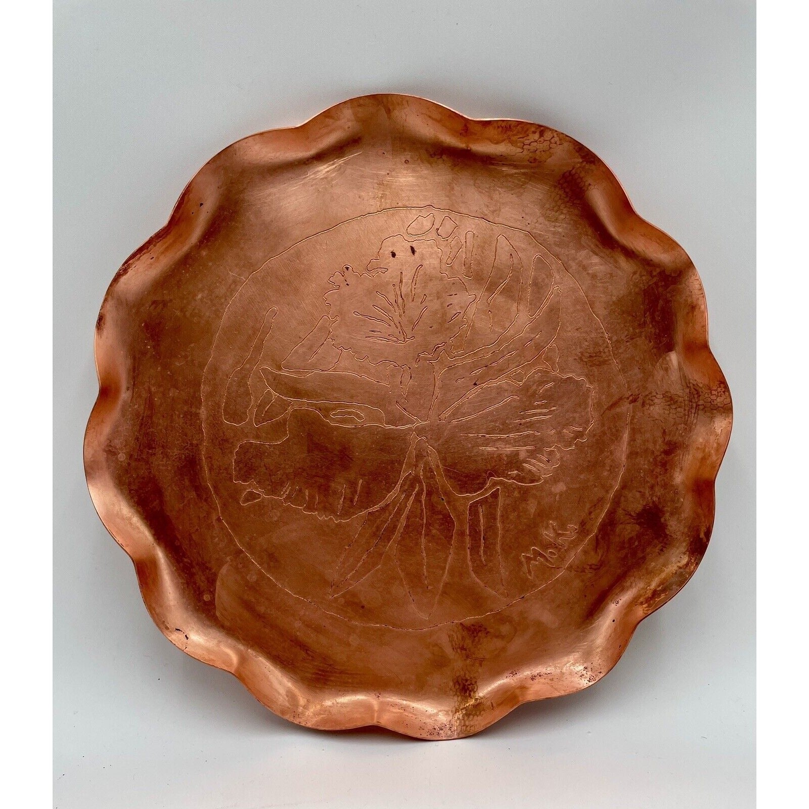 Mid Century Copper Fluted Tray with Etched Orchid Flower (D8) - Vintosh Vintage