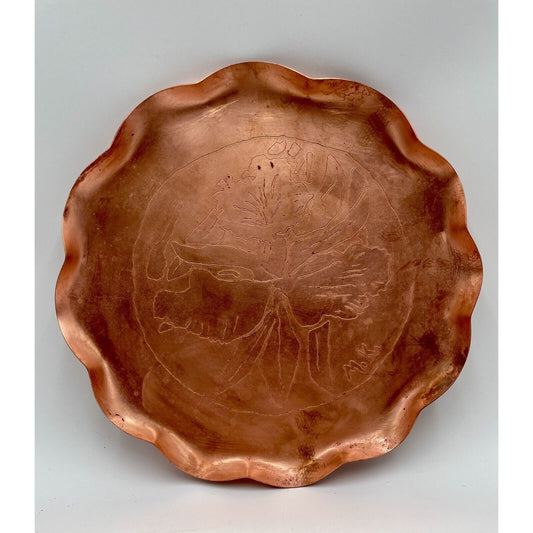 Mid Century Copper Fluted Tray with Etched Orchid Flower (D8) - Vintosh Vintage