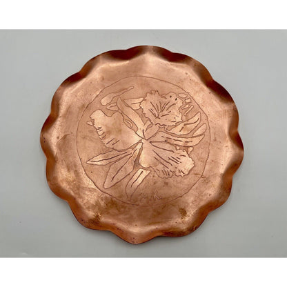 Mid Century Copper Fluted Tray with Etched Orchid Flower (D8) - Vintosh Vintage