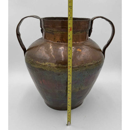 Antique Handmade Two Handled Copper Pot Vase 13" Tall (D3)