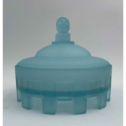 1920s Art Deco Taussaunt Glass Jester Satin Blue Footed Powder Jar (B2)