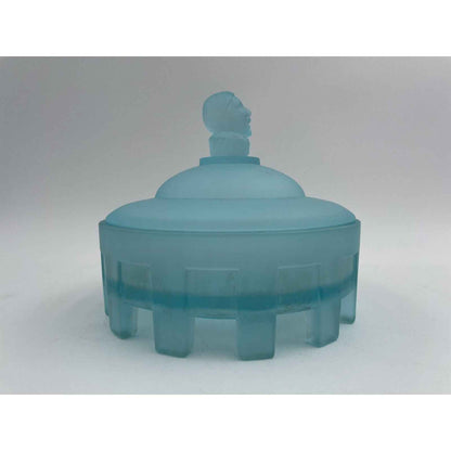 1920s Art Deco Taussaunt Glass Jester Satin Blue Footed Powder Jar (B2)