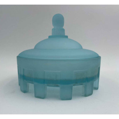 1920s Art Deco Taussaunt Glass Jester Satin Blue Footed Powder Jar (B2)