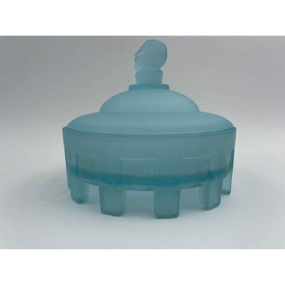 1920s Art Deco Taussaunt Glass Jester Satin Blue Footed Powder Jar (B2)