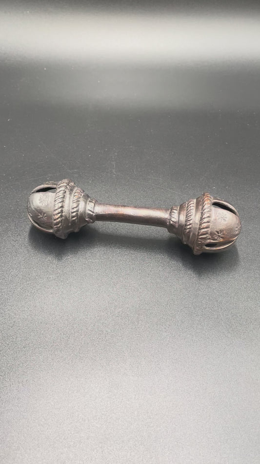 Antique Brass Handcrafted Rattle Bell Double Ended Barbell Heavy Brass Tribal Collectible 6"