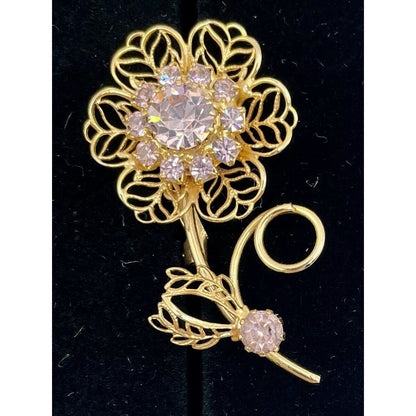 1950s Pink Rhinestone Gold Tone Filagree Long Stem Flower Brooch (A1) - Vintosh Vintage