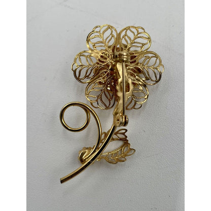 1950s Pink Rhinestone Gold Tone Filagree Long Stem Flower Brooch (A1) - Vintosh Vintage