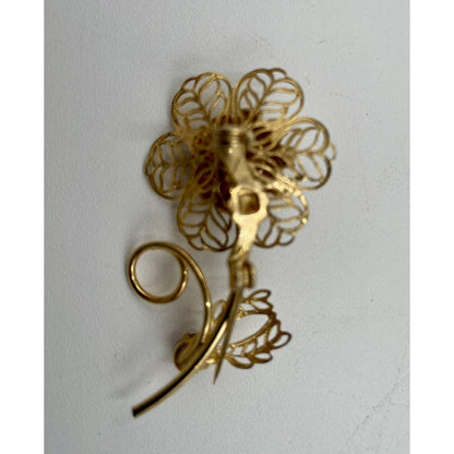 1950s Pink Rhinestone Gold Tone Filagree Long Stem Flower Brooch (A1) - Vintosh Vintage