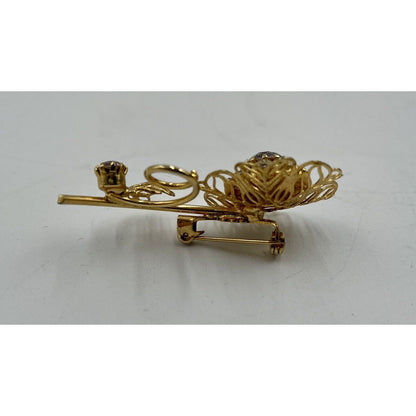 1950s Pink Rhinestone Gold Tone Filagree Long Stem Flower Brooch (A1) - Vintosh Vintage
