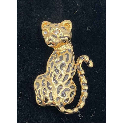 Vintage Cheetah Gold Tone & Rhinestone Brooch Pin (A1)
