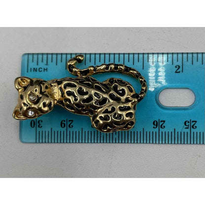 Vintage Cheetah Gold Tone & Rhinestone Brooch Pin (A1)