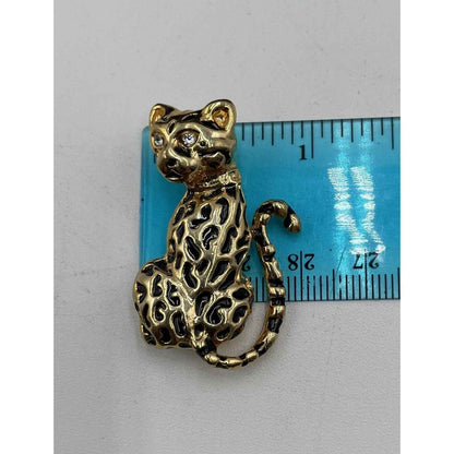 Vintage Cheetah Gold Tone & Rhinestone Brooch Pin (A1)