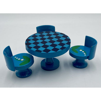 1970's Dollhouse Round Wooden Checkered Table & Chairs w/Painted Accents   (C8) - Vintosh Vintage