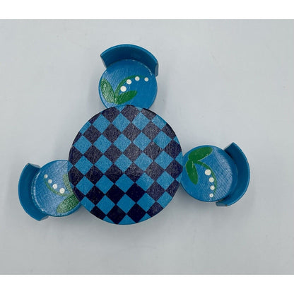 1970's Dollhouse Round Wooden Checkered Table & Chairs w/Painted Accents   (C8) - Vintosh Vintage