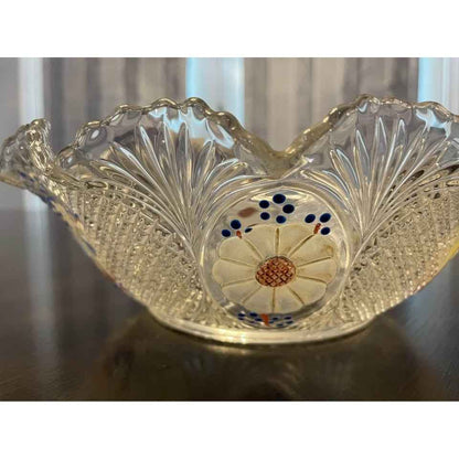 Vintage Cut Glass & Hand Painted Serving Bowl With 6 Matching Side Bowls (C7)