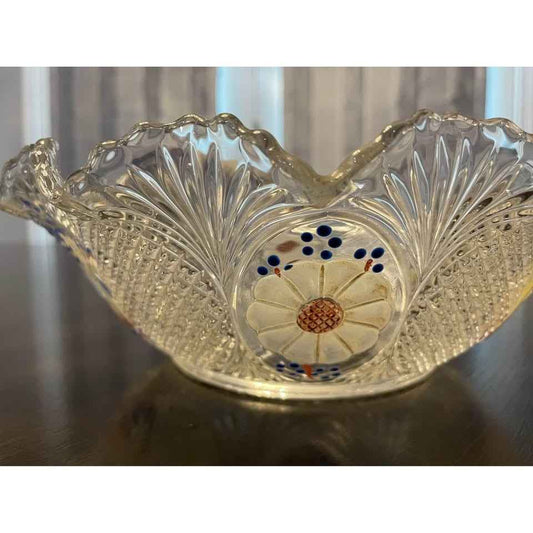 Vintage Cut Glass & Hand Painted Serving Bowl With 6 Matching Side Bowls (C7)