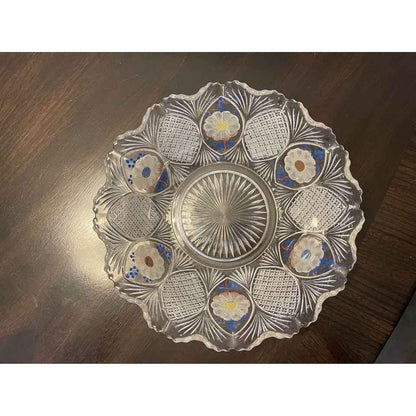 Vintage Cut Glass & Hand Painted Serving Bowl With 6 Matching Side Bowls (C7)