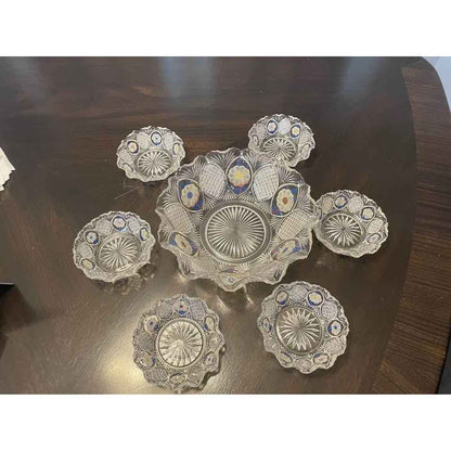 Vintage Cut Glass & Hand Painted Serving Bowl With 6 Matching Side Bowls (C7)