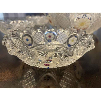Vintage Cut Glass & Hand Painted Serving Bowl With 6 Matching Side Bowls (C7)