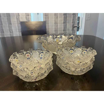 Vintage Cut Glass & Hand Painted Serving Bowl With 6 Matching Side Bowls (C7)