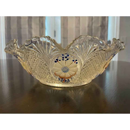 Vintage Cut Glass & Hand Painted Serving Bowl With 6 Matching Side Bowls (C7)