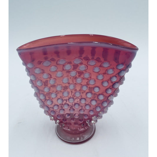 Small Vintage Fenton Glass Cranberry Hobnail Overlay Fan Vase (C8) - Vintosh Vintage