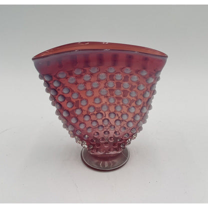 Small Vintage Fenton Glass Cranberry Hobnail Overlay Fan Vase (C8) - Vintosh Vintage